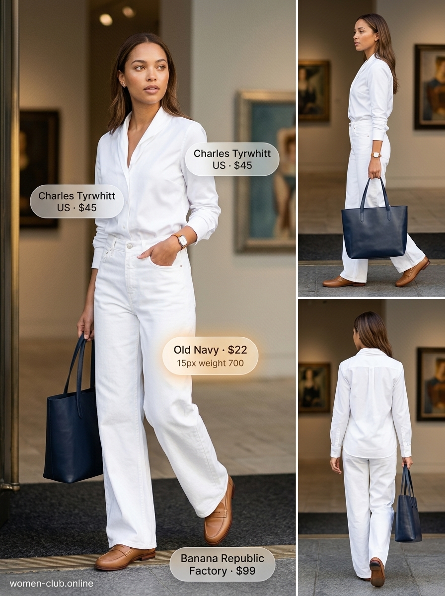 Polished office outfit with white jeans, light blue shirt, navy tote, and tan loafers.