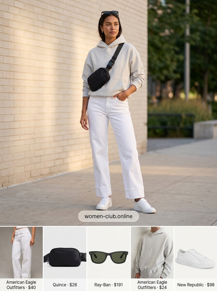 Sporty chic athleisure outfit with white relaxed jeans, grey hoodie, and belt bag.