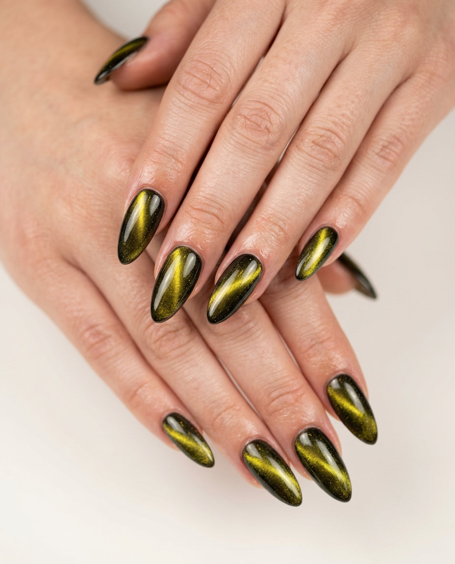 Butter cat-eye almond nails for fair skin, trendy for summer party outfits 2026.