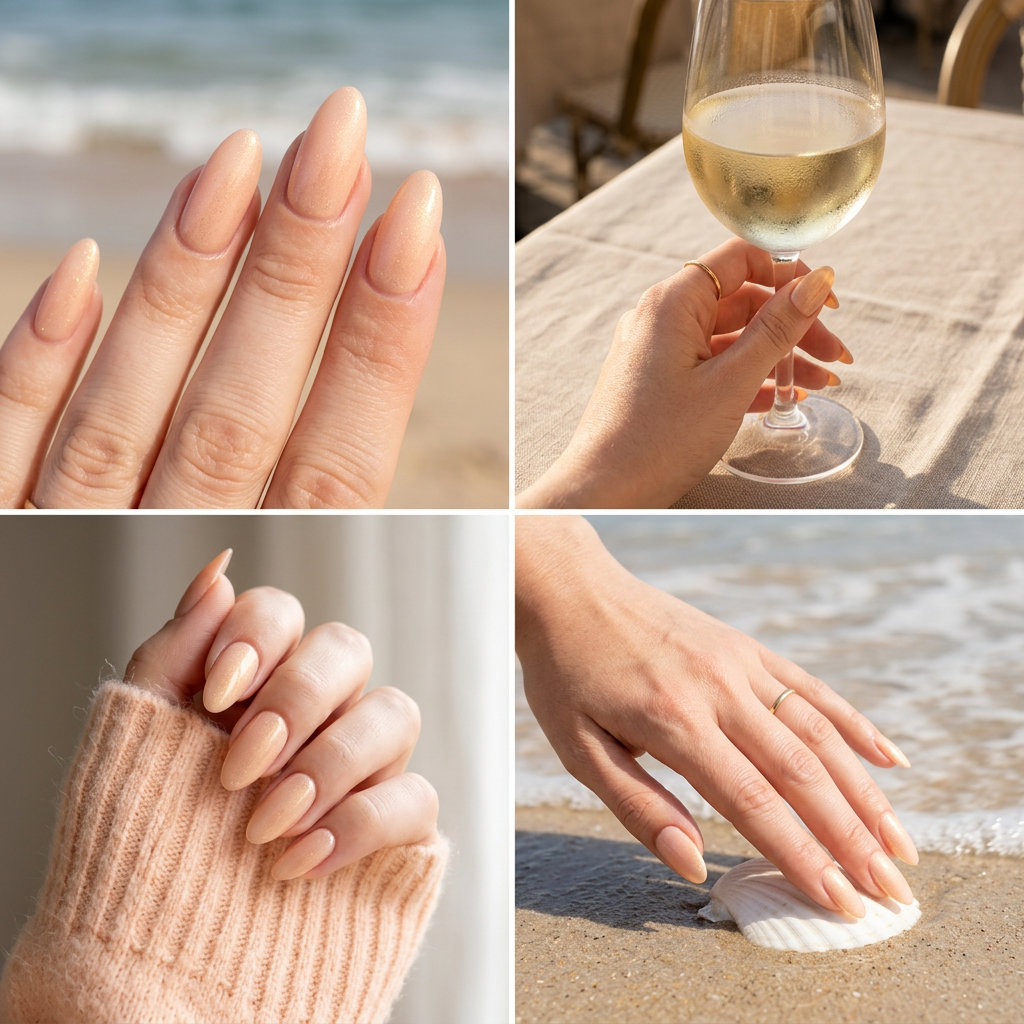Glowy peach shimmer almond nails for fair skin, ethereal for summer vacation outfits 2026.