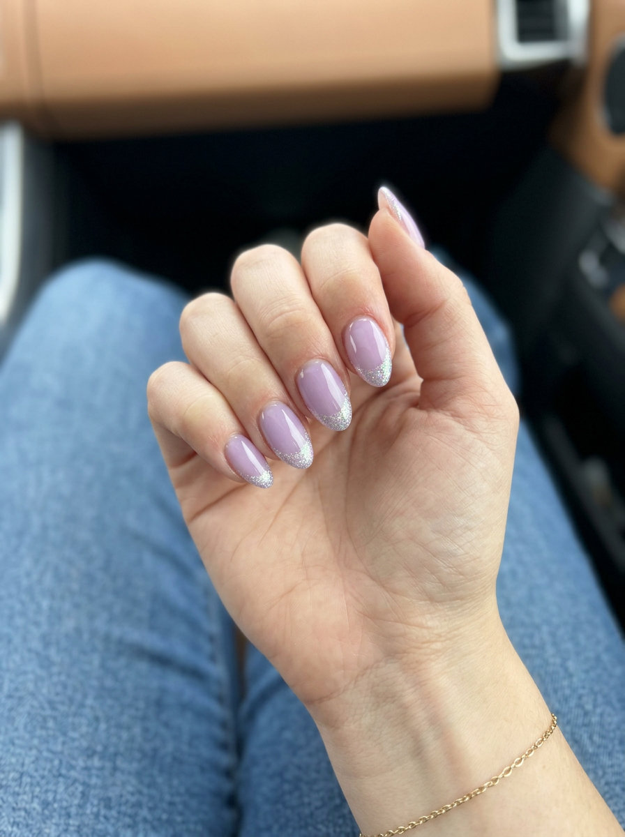 Sparkling lavender French almond nails for fair skin, playful for festival outfits 2026.