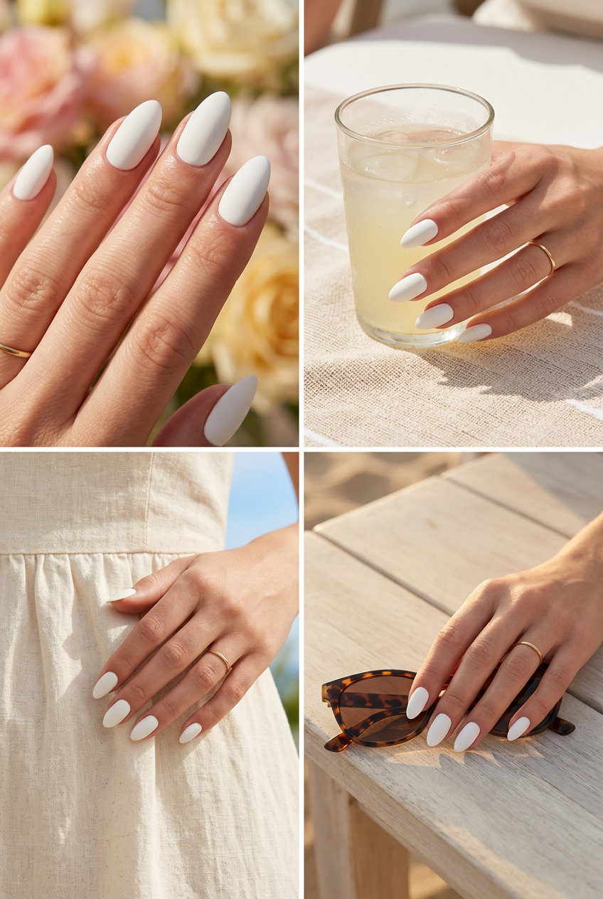 Modern matte white almond nails for fair skin, perfect for minimalist summer outfits 2026.