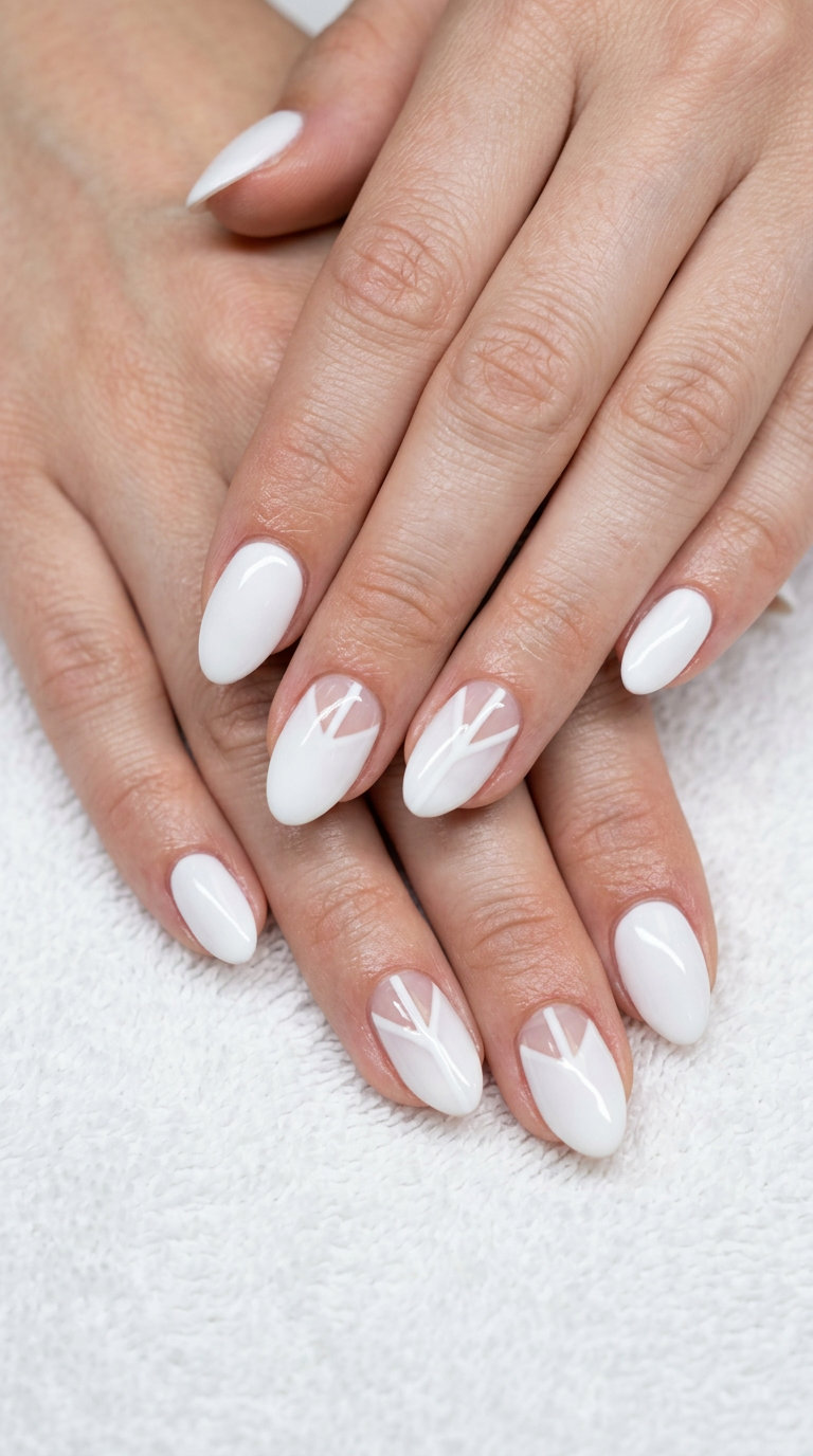 Negative space white almond nails for fair skin, chic for work outfits 2026.