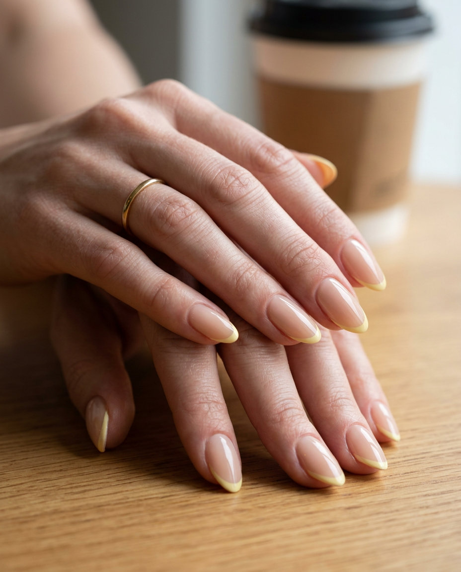 Mellow Yellow Micro French Almond nails for almond summer nails 2026 for fair skin. Sheer nude with butter yellow micro French tip.