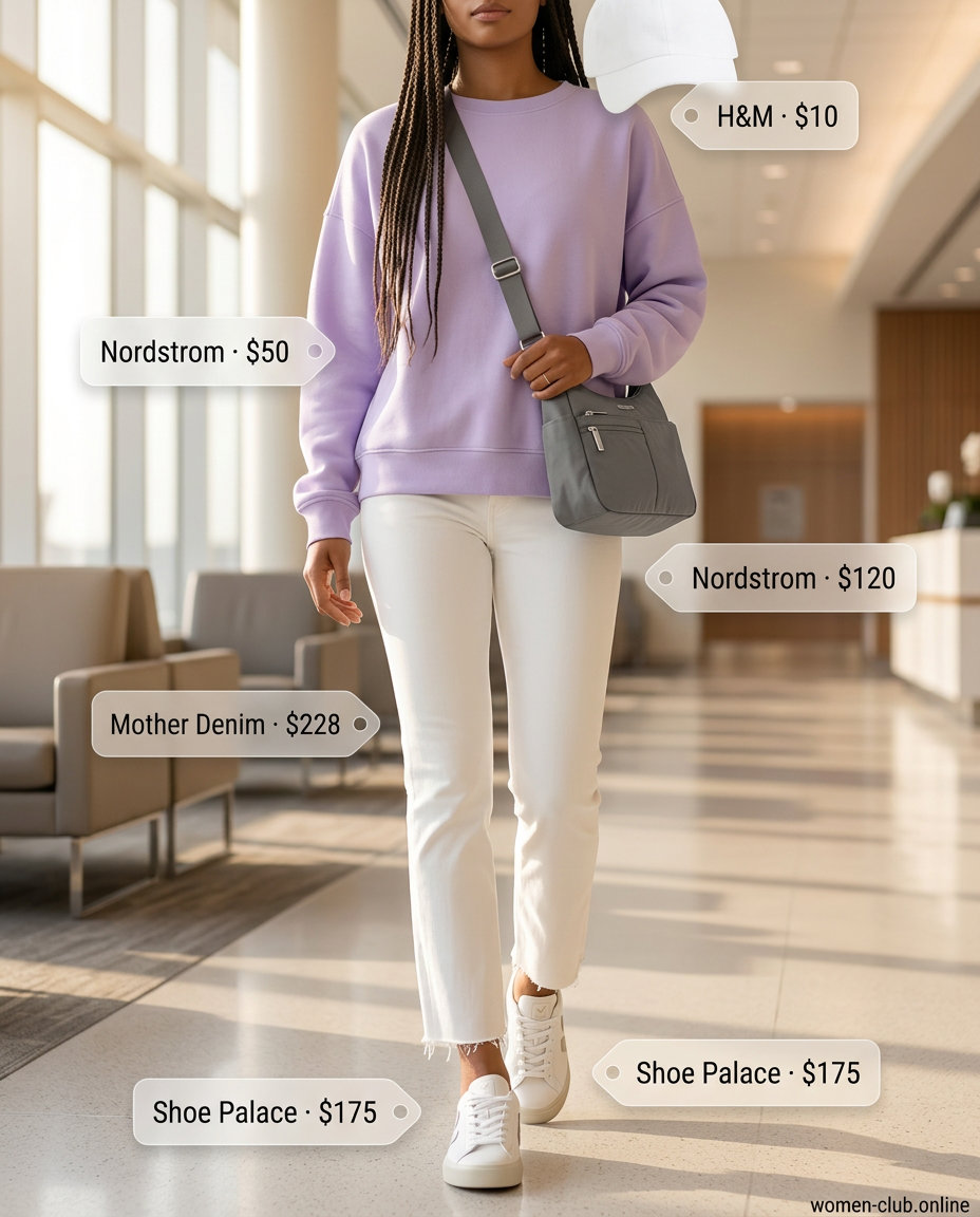 Athleisure Luxe white jeans outfit alternative: lavender sweatshirt, white sneakers, grey crossbody. Travel style.