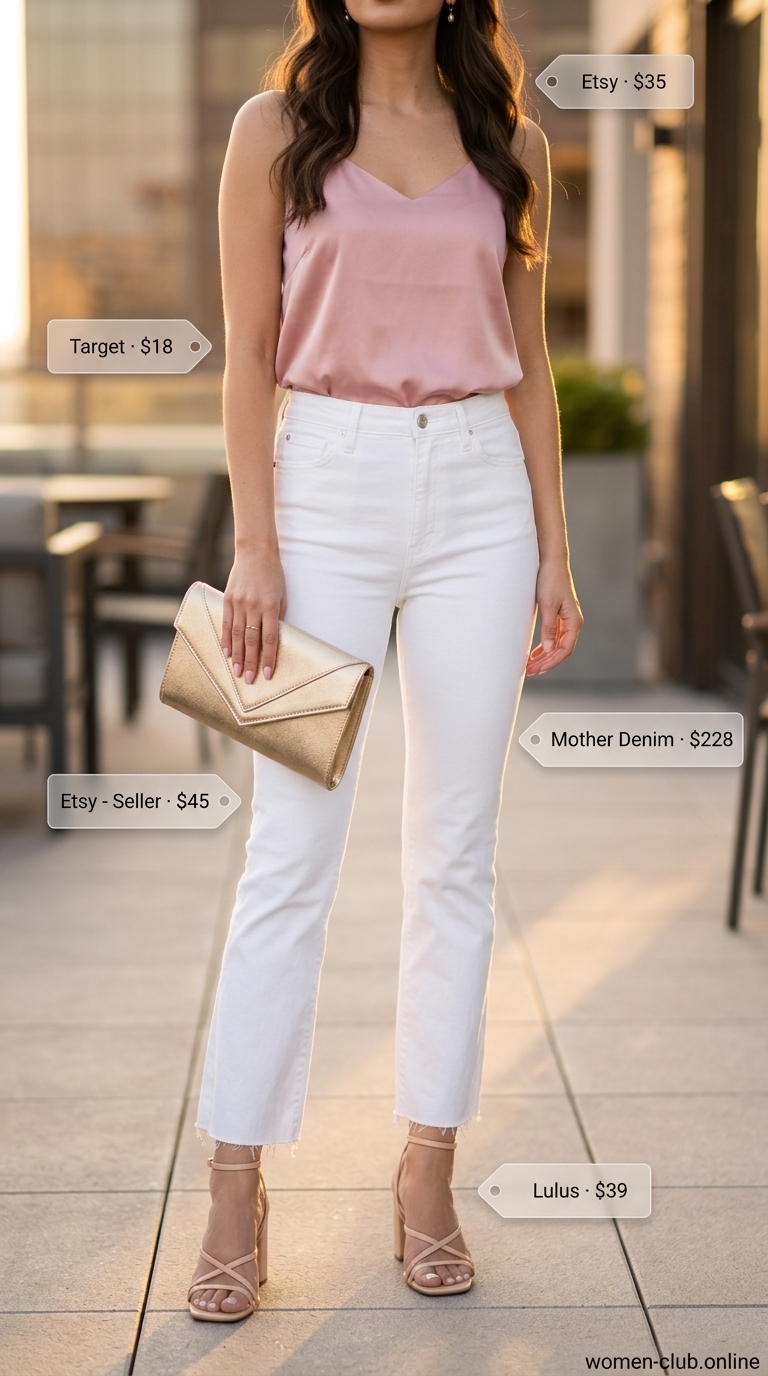 Romantic Evening white jeans outfit alternative: blush satin cami, nude heels, gold clutch. Chic for date night.