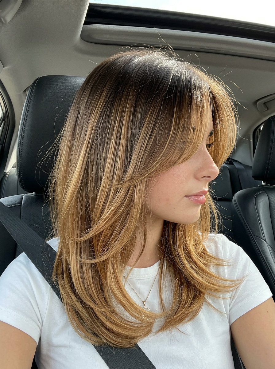 long amber brown melt with sweeping layers and curtain bangs for romantic waves