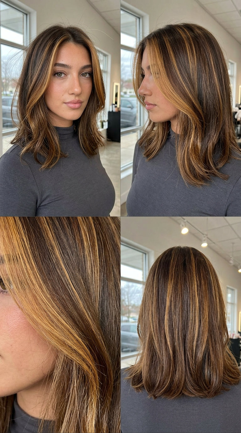 long honey blonde hair color with amber honey money pieces and warm gold highlights