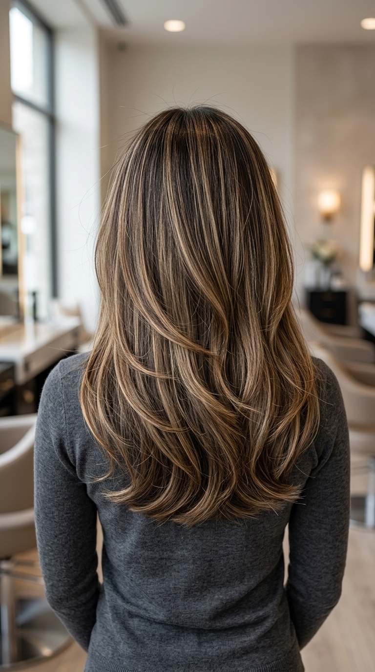 Antique Gold Foilayage for Dark Skin 2026 long sweeping layers antique gold foilayage with warm beige undertones, soft blend β luxurious radiant mood
