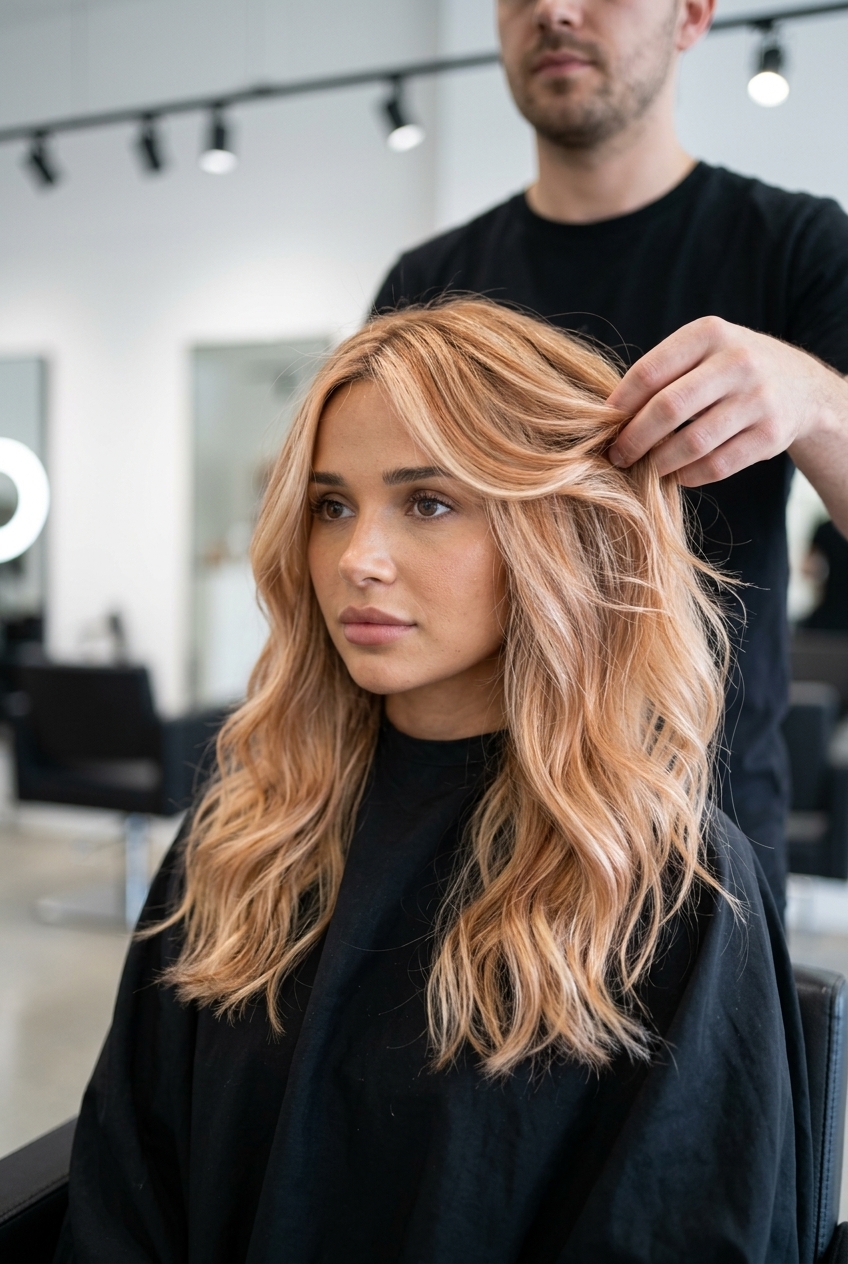 long apricot blonde balayage with soft copper, high-lift technique for summer vacation