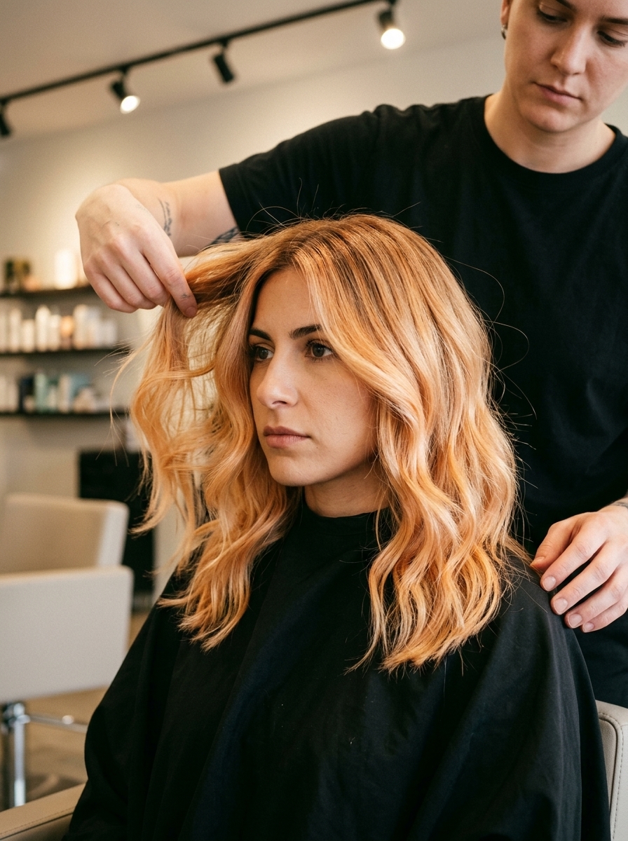medium length soft curve layers apricot blonde with soft root melt, warm apricot and peach — playful summer look