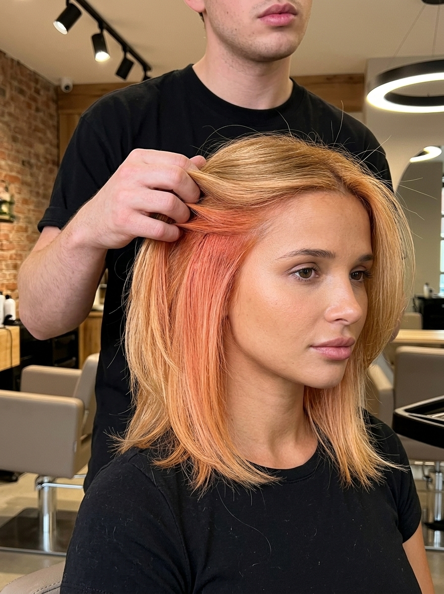 bob with undercut honey blonde apricot orange vivid color on undercut for edgy style