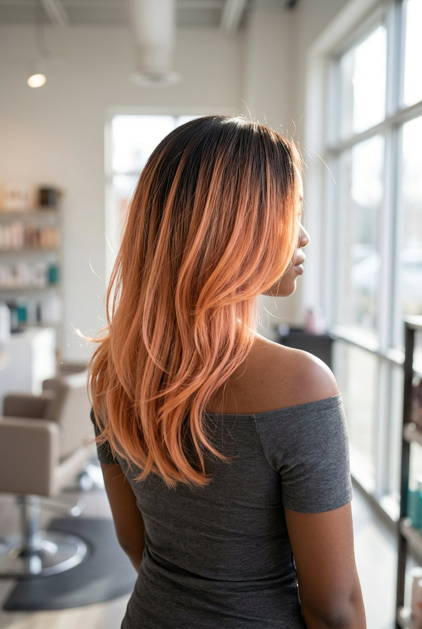 long apricot copper balayage with peach undertones, diffused highlights for summer party