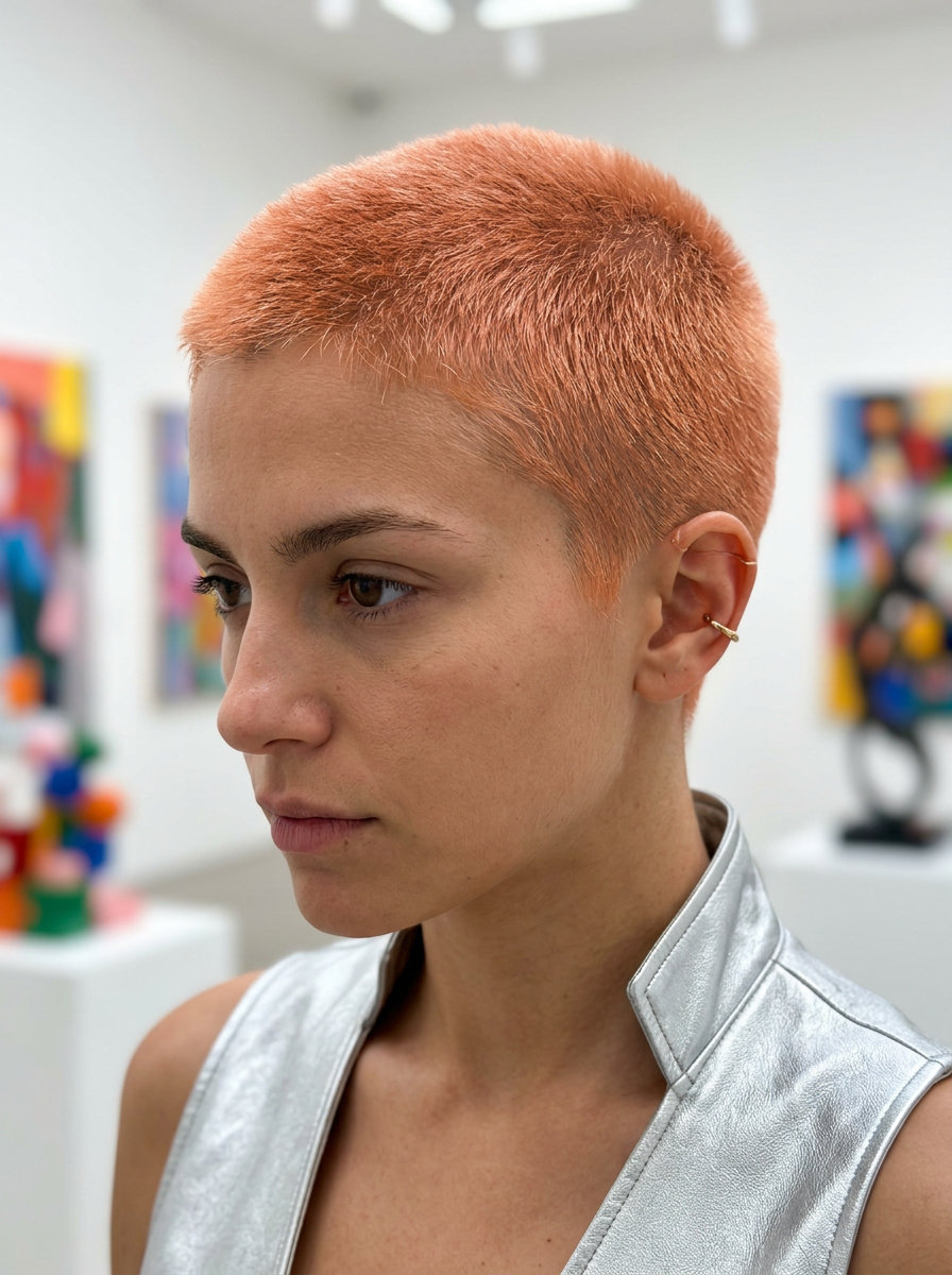 very short buzz cut in apricot crush pastel copper with soft edges for playful artistry