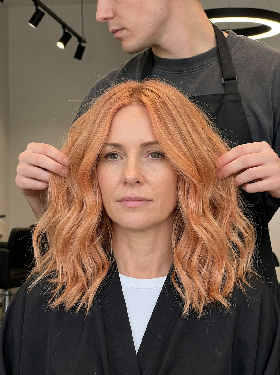 collarbone-length midi haircut with apricot crush gloss, choppy layers, curtain bangs — playful summer