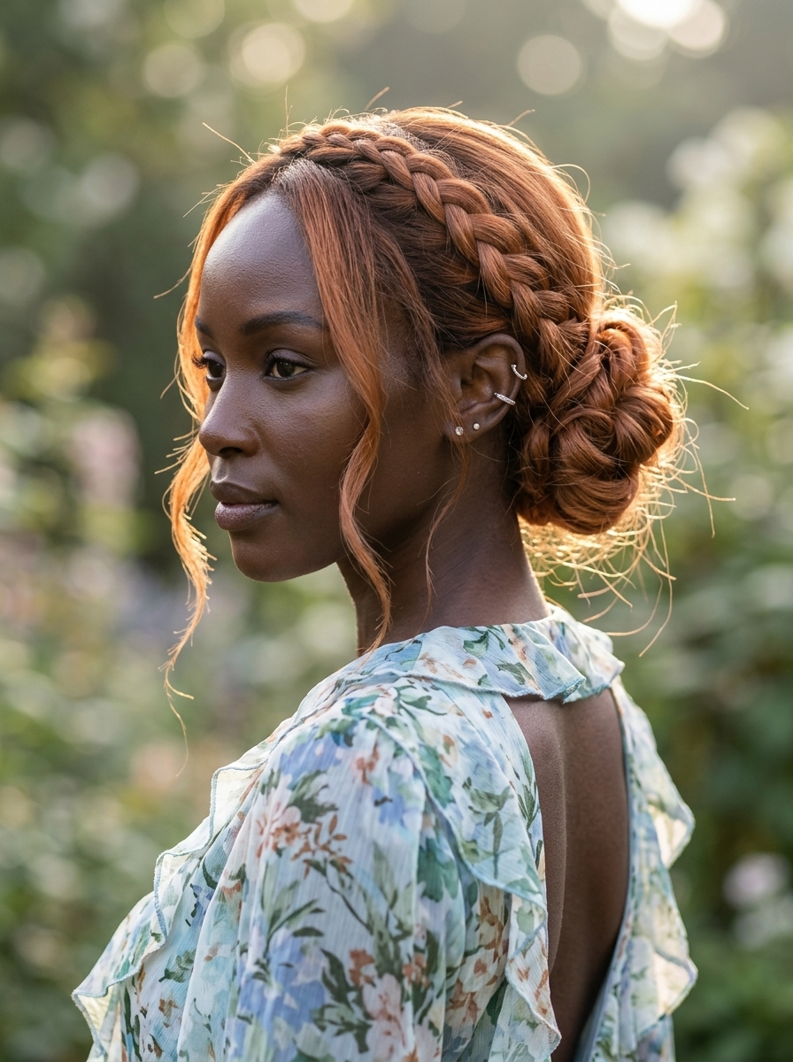 Enchanted Braided Bun 2026 long apricot crush messy bun with strawberry blonde highlights, braided and romantic for garden parties