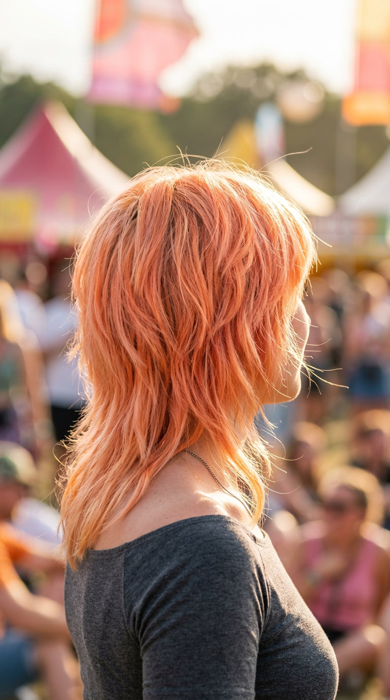 medium apricot crush wolf cut with vibrant orange-pink, peach, warm blonde base, point-cutting, wispy fringe — playful, dreamy, energetic