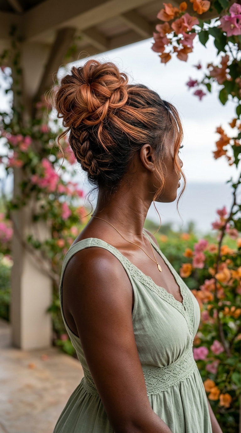 Braided Base Messy Bun: Romantic Apricot Crush 2026 Apricot crush messy bun hairstyle with strawberry blonde highlights and a braided base for garden parties