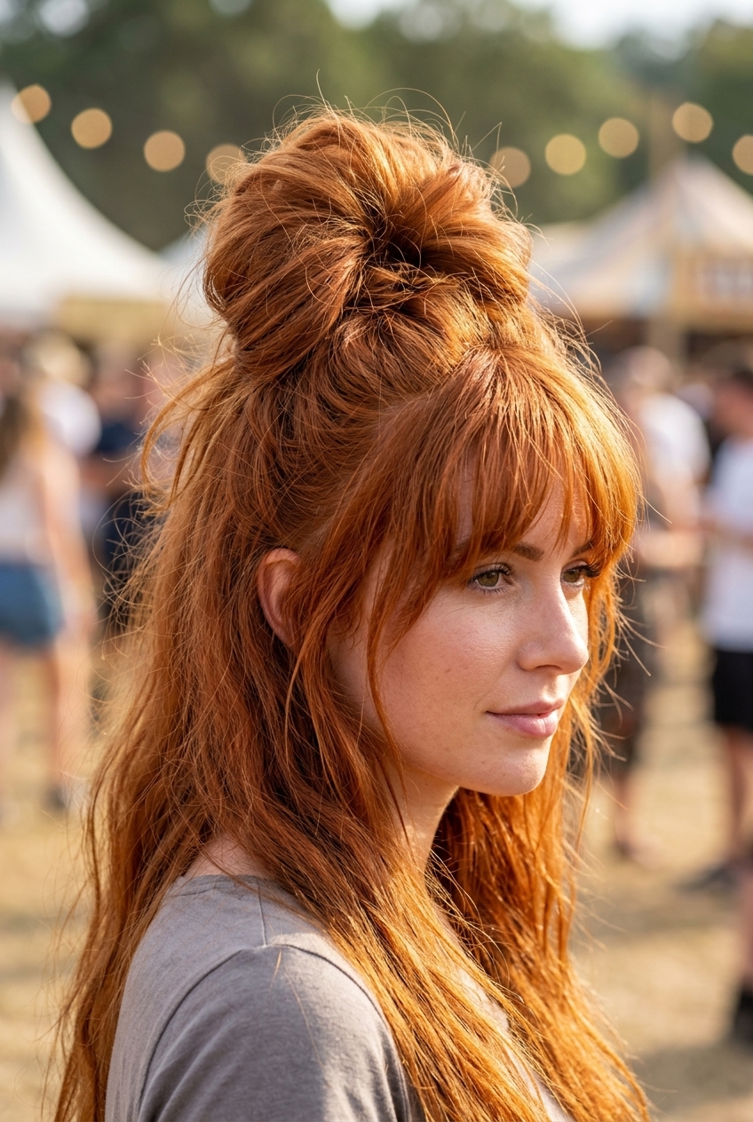 Festival Fringe Messy Bun: Apricot Crush Vibes 2026 Apricot crush messy bun hairstyle with strawberry blonde tones and festival fringe for concerts