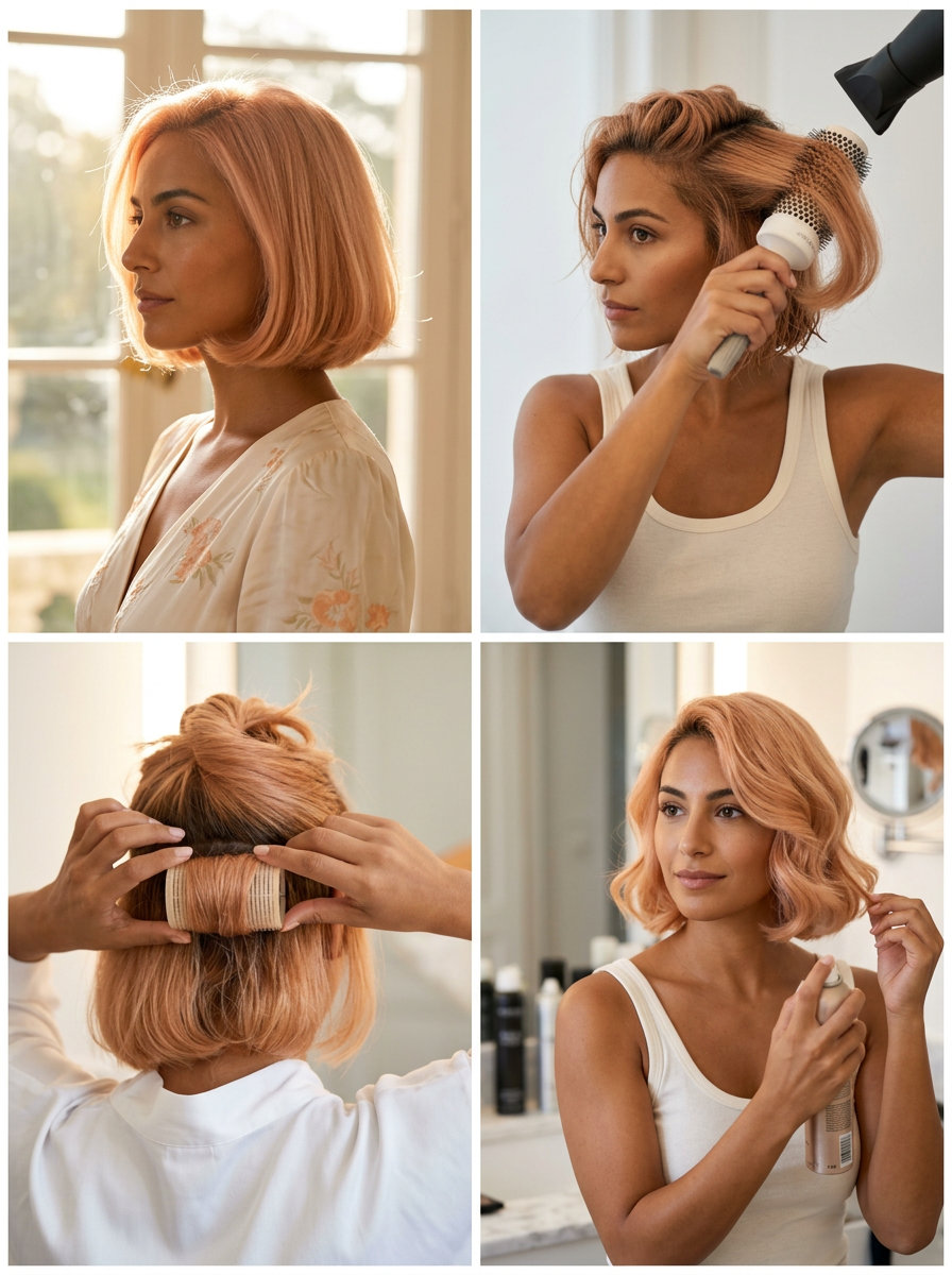 short Italian bob in pastel apricot crush with blunt ends and internal layering for summer brunch