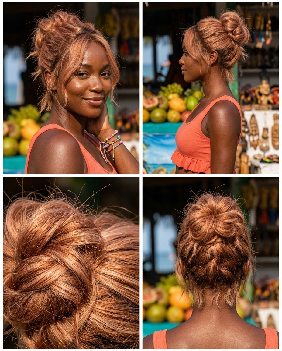 Playful Pixie Messy Bun 2026 short apricot crush messy bun with strawberry blonde highlights, textured and playful for festivals