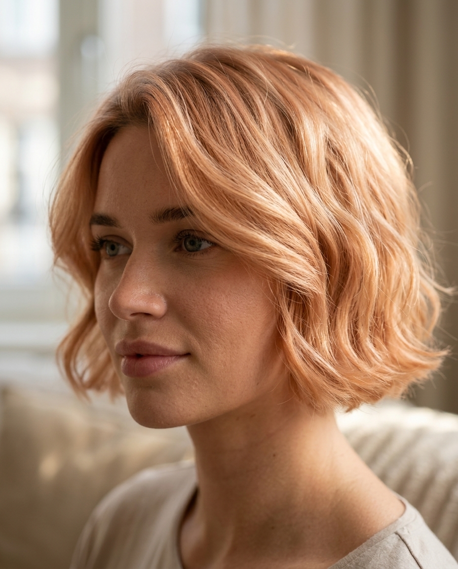 short pixie-bob in apricot crush with warm peach undertones, textured layers, no bangs — soft romantic