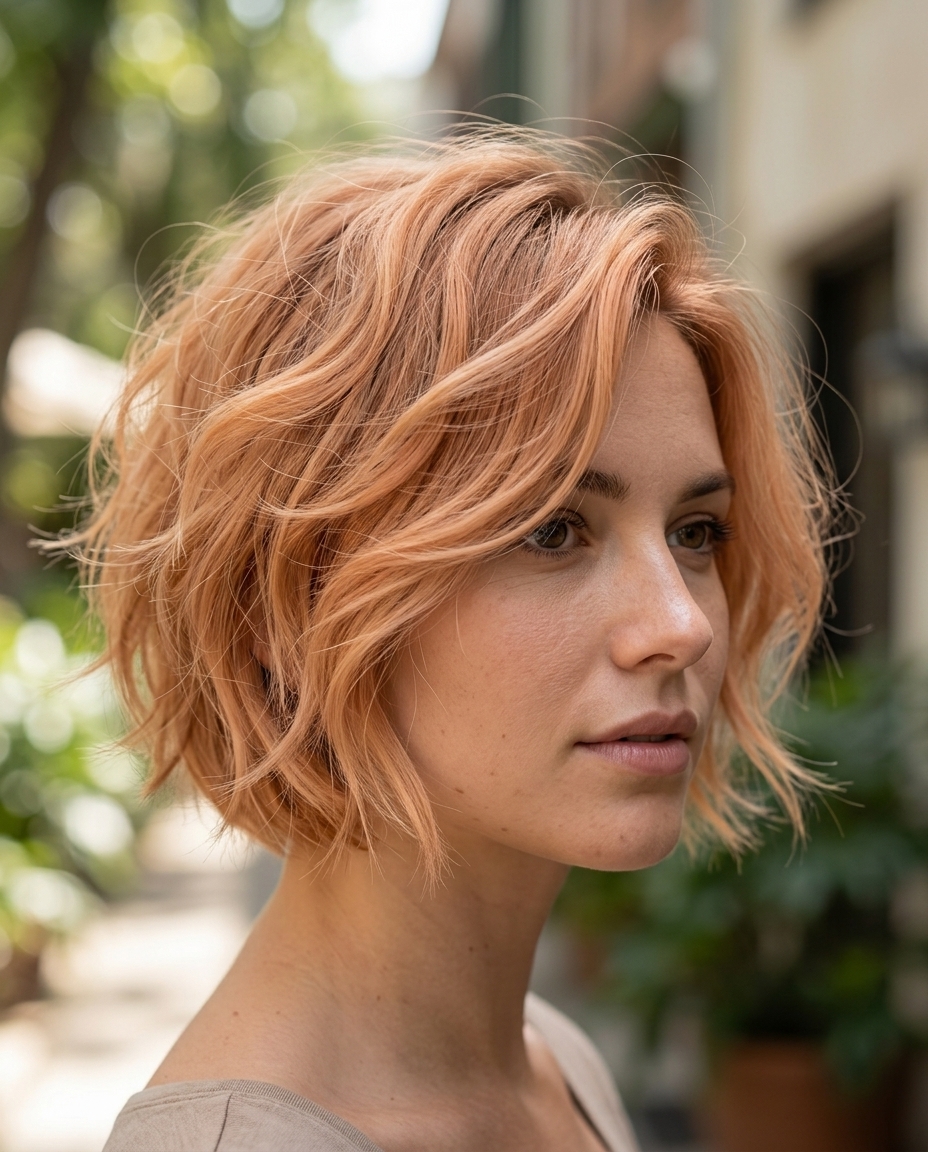 short micro-shag with soft apricot crush, strawberry blonde highlights, and face-framing fringe for bohemian style