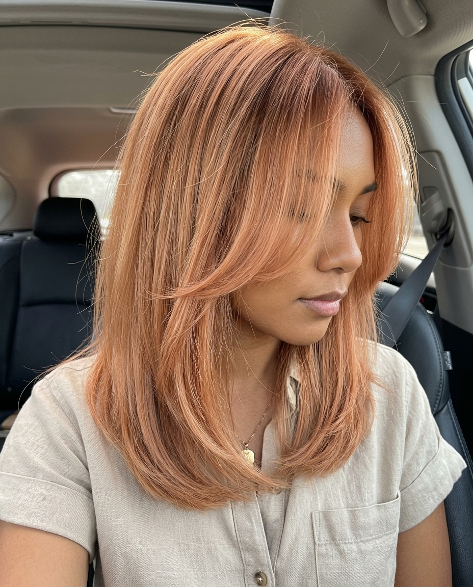 long layered apricot glaze balayage with peach copper, sheer gloss for daily wear