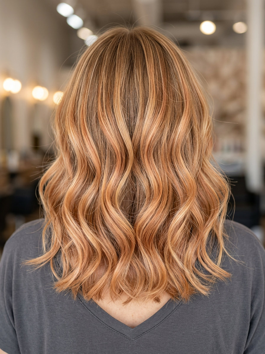 long layered honey blonde with apricot orange face-framing, money piece effect — playful festival look