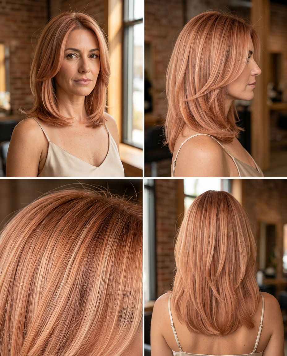 medium apricot crush haircut with strawberry blonde lowlights, soft C-shaped layers, no bangs — playful summer look