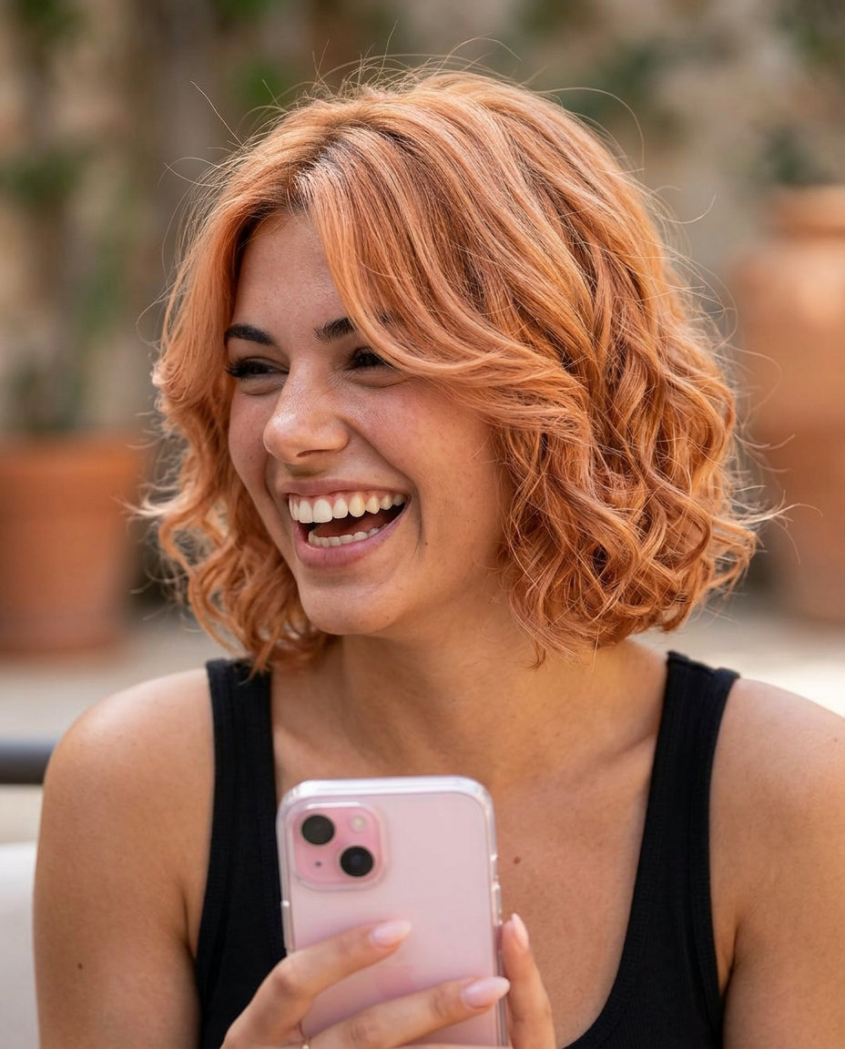 short curly bob in soft apricot-peach with copper-gold undertones, face-framing layers — playful bohemian