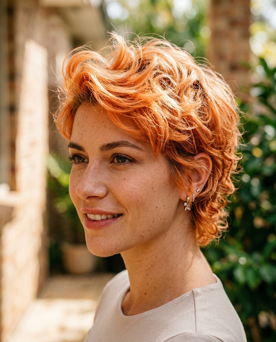 short curly pixie-wolf cut with apricot crush & pink undertones, choppy razored layers, tapered neckline, no fringe — bold summer style