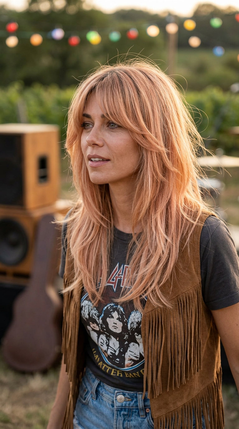 medium length shag haircut with soft apricot highlights, textured layers, wispy bangs — bohemian summer
