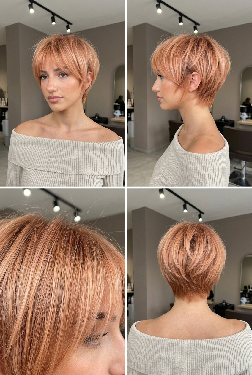 short pixie with soft apricot, peachy copper, and razored layers for playful texture