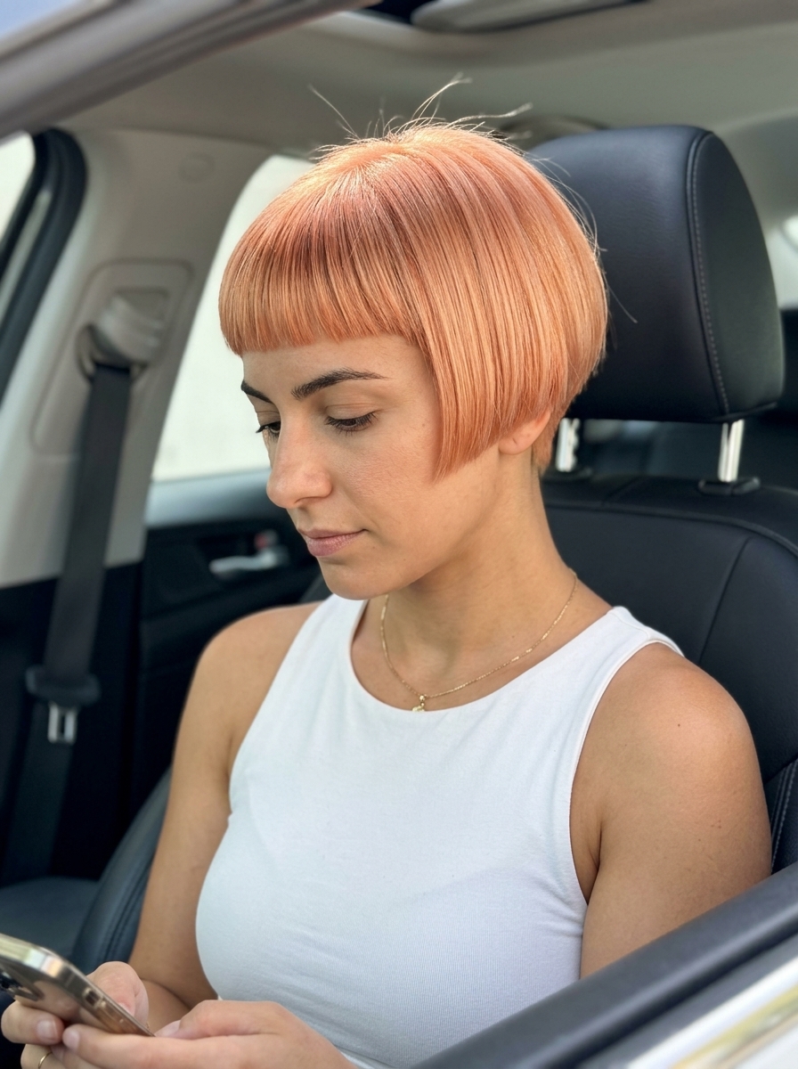 short sleek pixie in soft apricot with peach undertones, blunt micro-fringe — modern bold