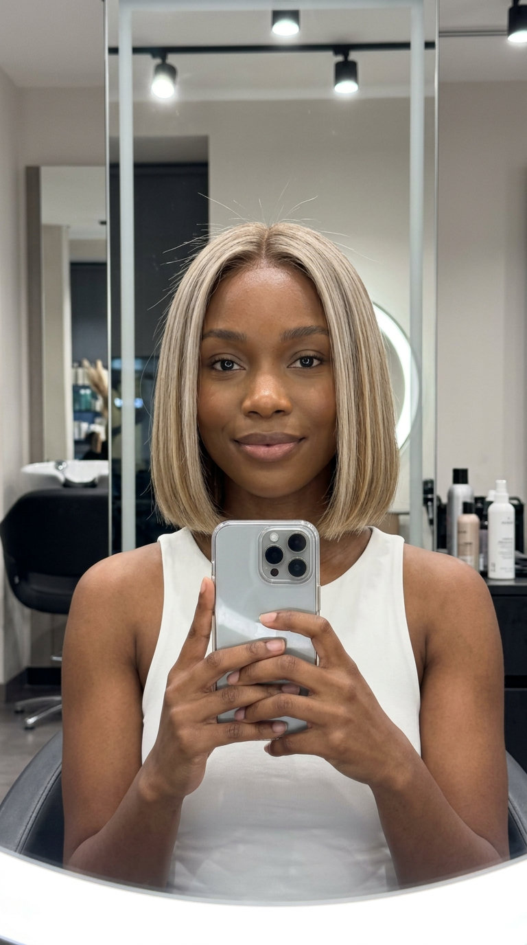 jawline ash blonde bob haircut with honey lowlights and blunt ends for work