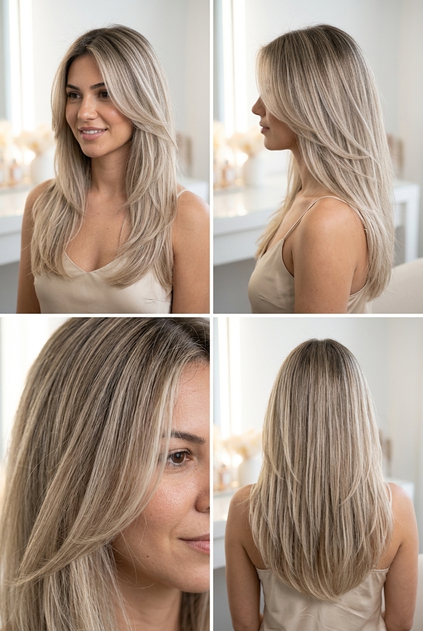 long flowing haircut in ash blonde with smoky root, seamless layers, face-framing layers — soft modern style