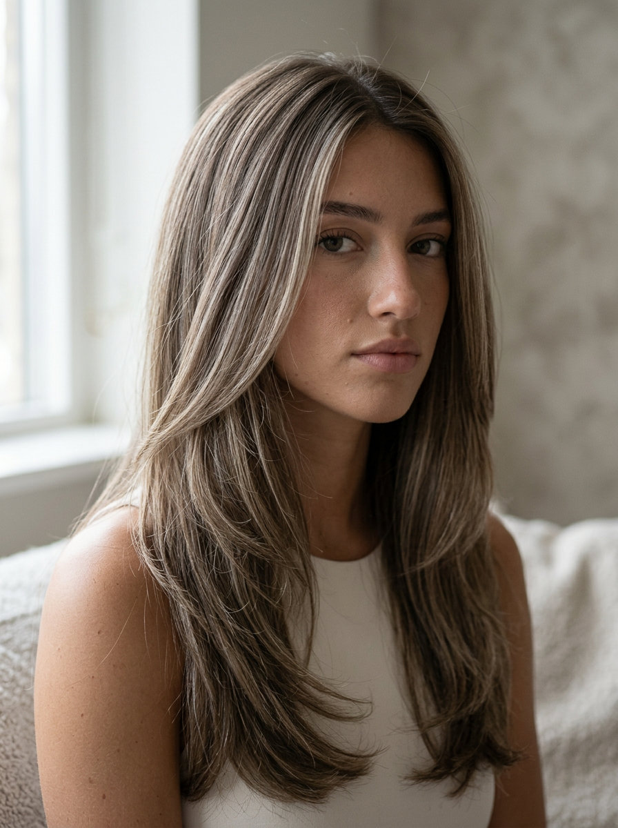mid-back length haircut with ash blonde babylights on brunette, subtle internal layers, C-cut face framing — minimalist summer look