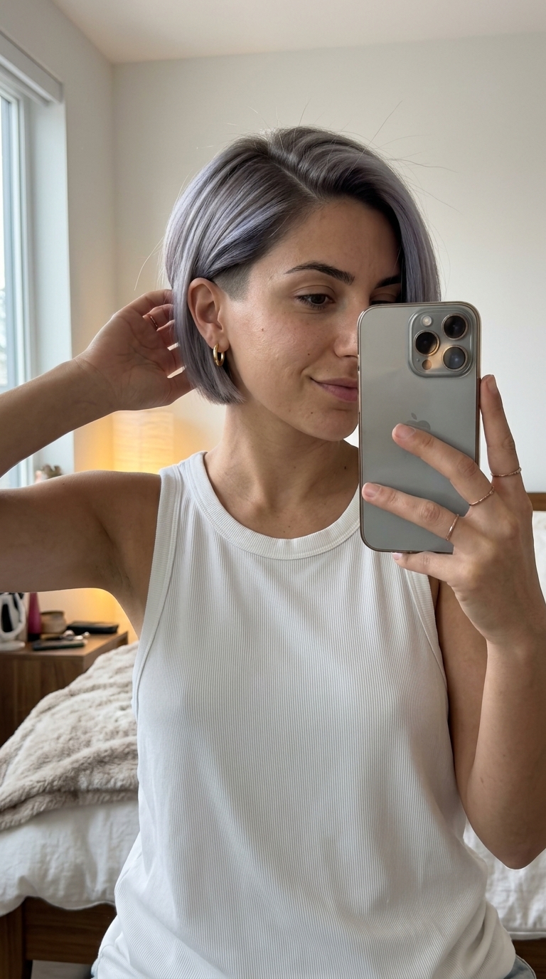 short ash blonde bob haircut with nape fade and root smudge for edgy style