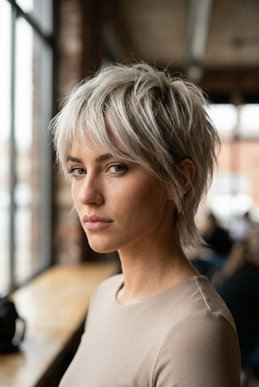 short ash blonde pixie shag with silver undertones and razored micro-bangs