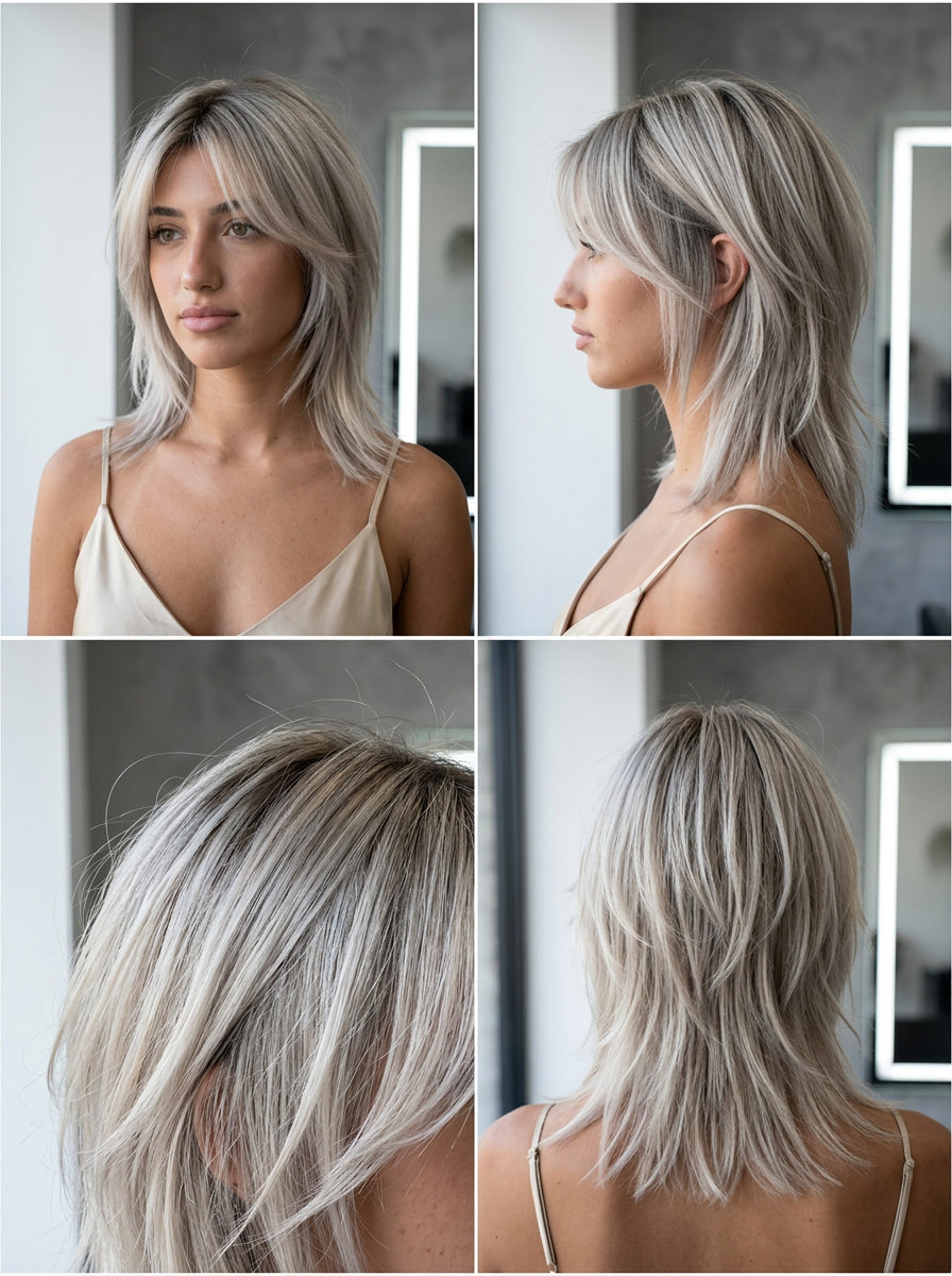 short-to-medium ash blonde wolf cut with silver undertones, dark root smudge, razored disconnected layers, choppy face-framing — edgy, chic, modern minimal