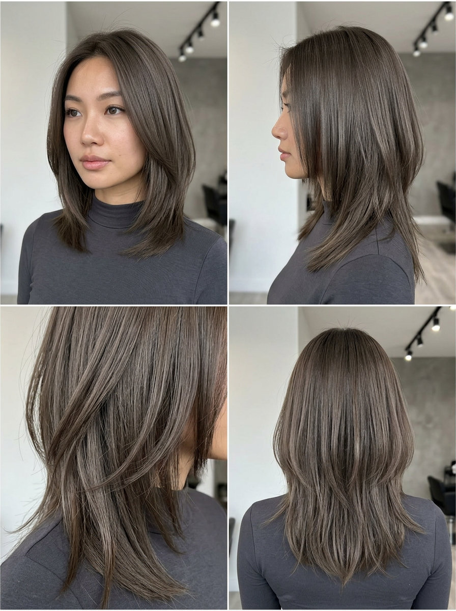 medium jellyfish wolf cut in cool ash brown, blunt outer layer, razored interior strands, no fringe — edgy modern look