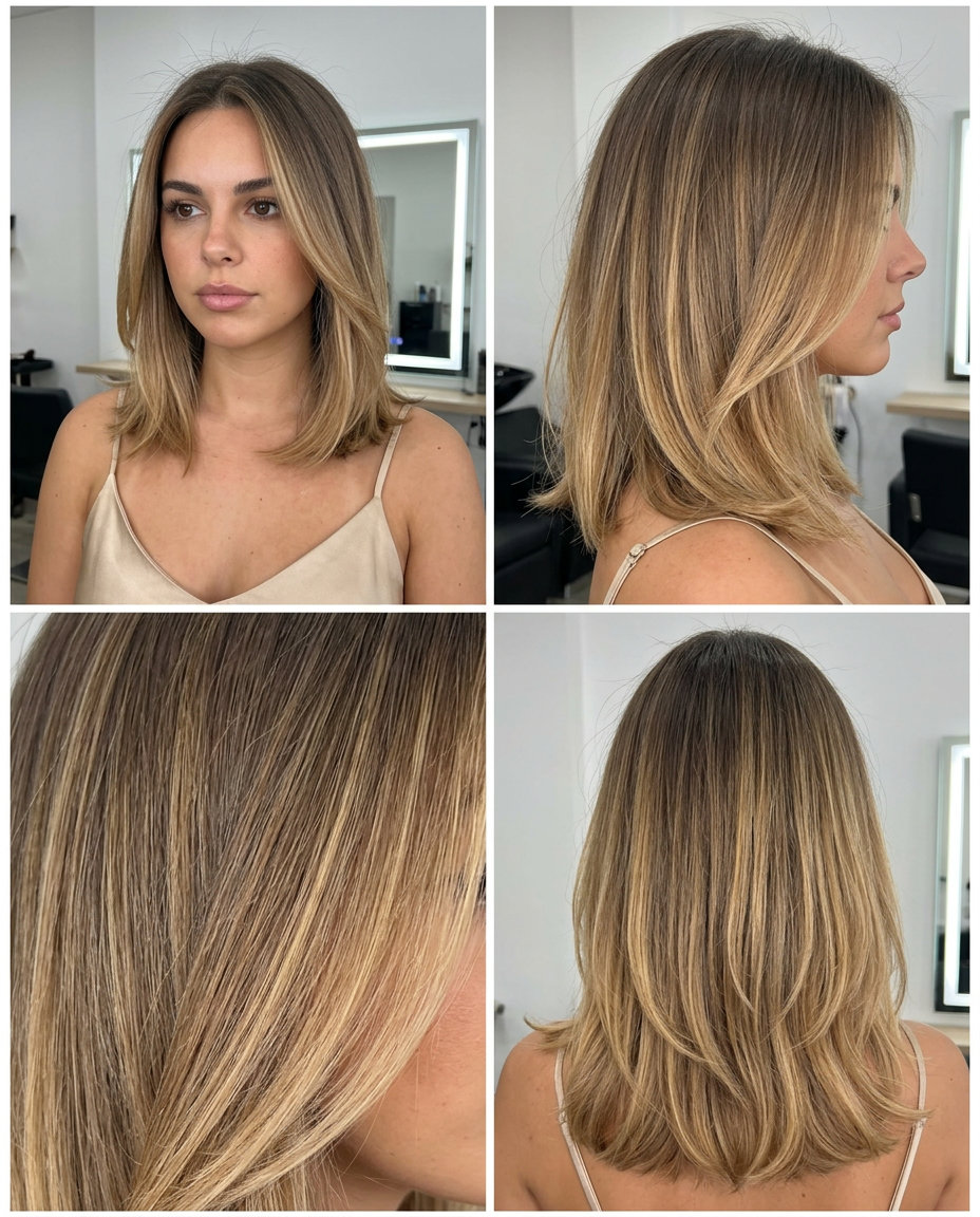 midi length honey blonde ombré with ash brown root and soft gold ends for sophisticated chic
