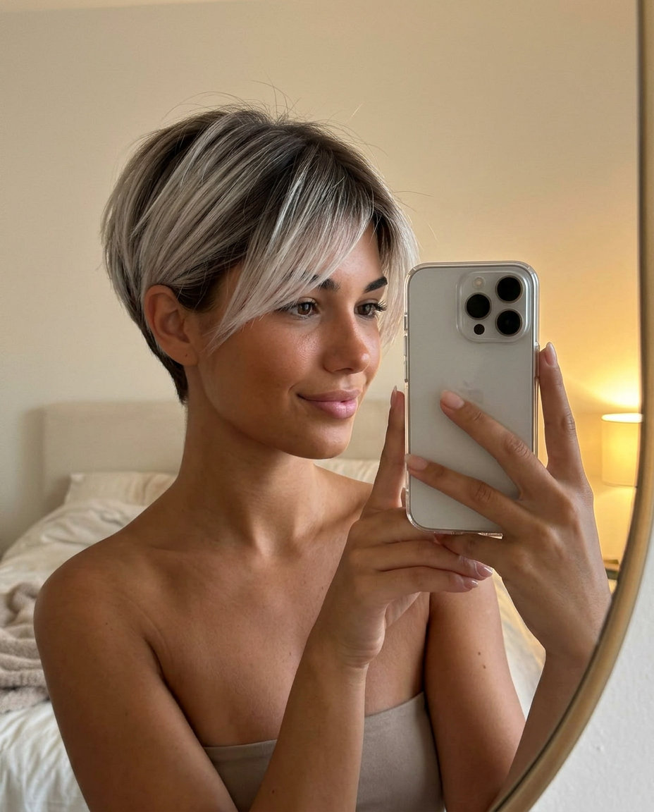 short cool ash blonde pixie ombre with platinum ends, tapered sides, and swept bangs — bold edgy
