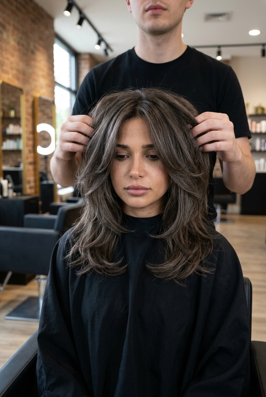 shoulder-skimming wolf cut in cool ash brown with subtle highlights, choppy layers, razored face-framing — sophisticated professional look