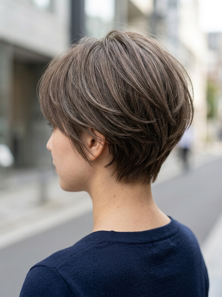 Ash Brown Pixie Haircut 2026 very short ash brown pixie haircut with pearl babylights, piecey layers, side-swept fringe β modern & sophisticated