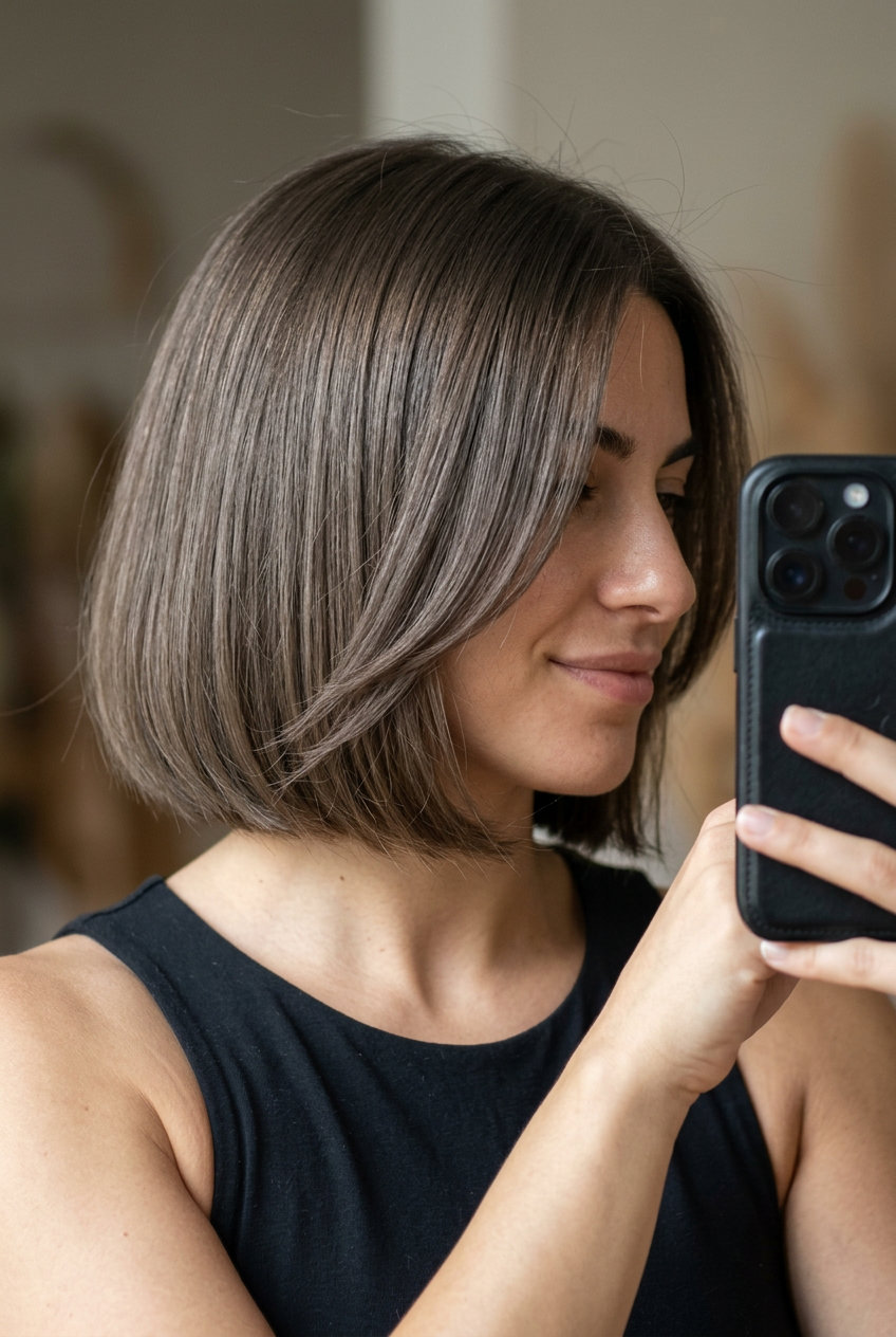 neck-length ash brunette bob with silver undertones, invisible layers, face-framing pieces — soft romantic