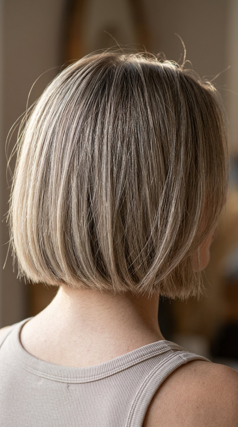 Ashy Bronde Bob with Cool Tones 2026 short blunt bob haircut in ashy bronde with cool beige tones for effortless chic