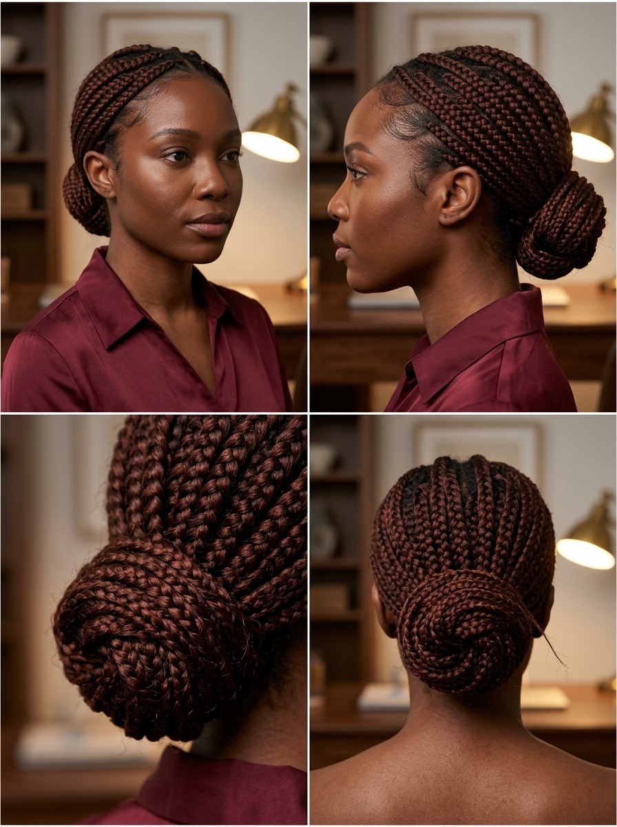 medium braids updo with deep auburn, sculpted low bun, no fringe — professional summer style