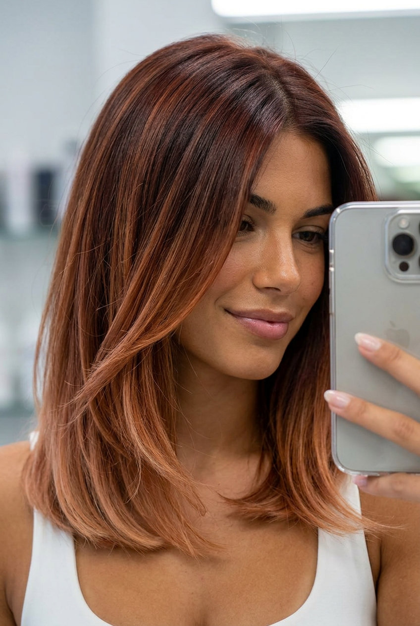 shoulder-length auburn & copper ombre lob with point-cut layers for sophistication